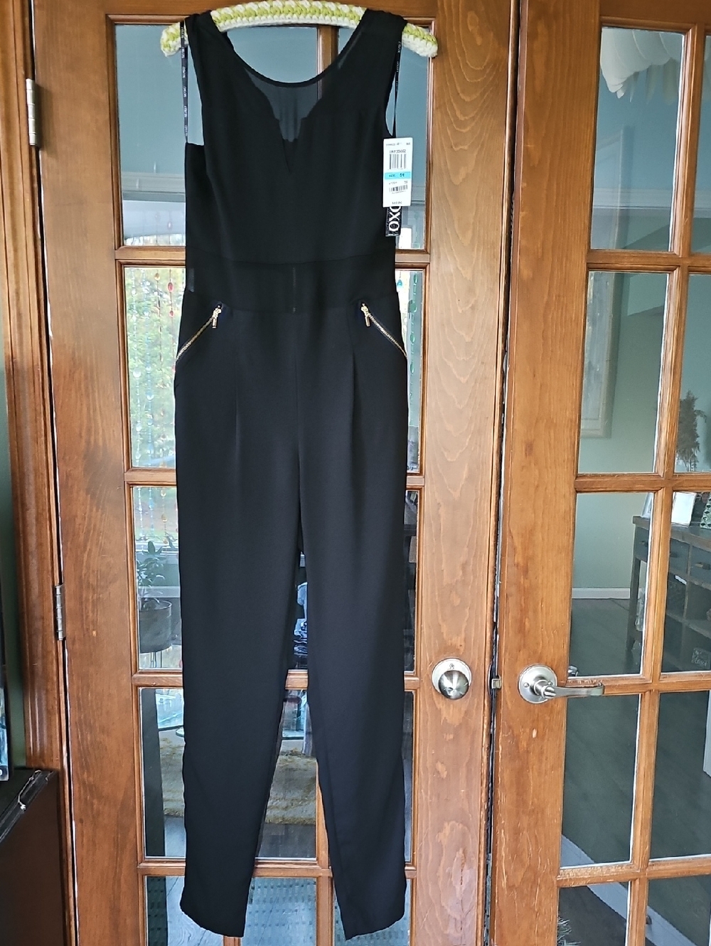Nwt XOXO Black Sleeveless Jumpsuit Gold Zip Size 5/6 Women Party Wedding